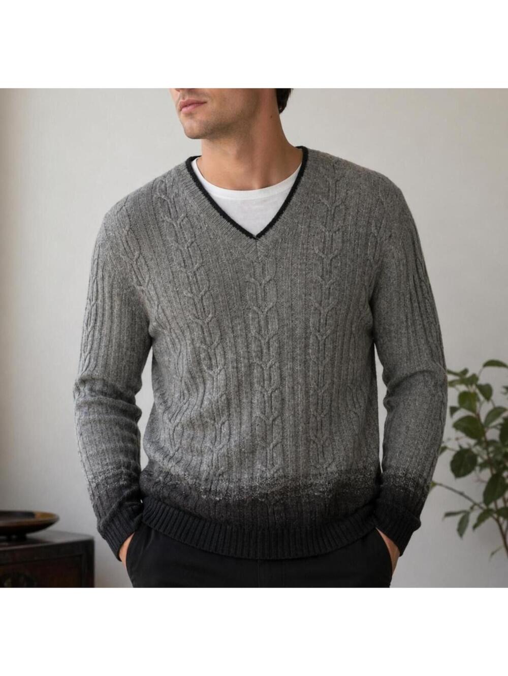 BLACK BROWN 1826 100% MERINO WOOL V-NECK SWEATER GRAY OMBRE MEN’S M/M